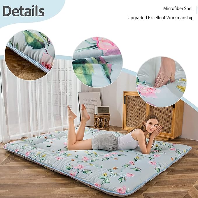 MAXYOYO Japanese Futon Mattress Floor Mattress Sleeping Pad Foldable Bed Roll Up Camping Cushion Floor Lounger Bed Couches and Sofas Couch Topper, Green Floral, Full Size
