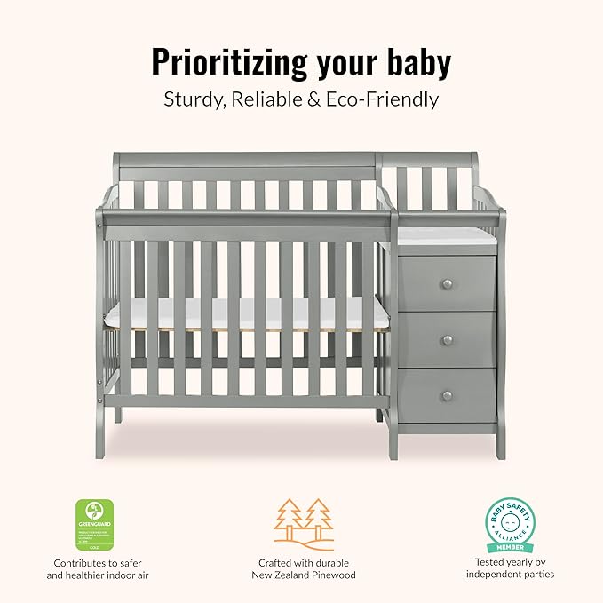 Dream On Me Jayden 4‑in‑1 Mini Convertible Baby Crib & Changer with Storage in Seagrass, Pinewood, GreenGuard Gold & JPMA, 1” Mattress Pad, 3 Mattress Heights, Converts to Mini Day & Twin-Size Bed