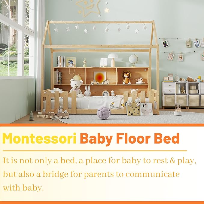 Twin Size Montessori Bed for Kids, Montessori Floor Bed with LED Light and Storage Bookshelf, Kids Beds with Guardrails for Boys & Girls, Natural