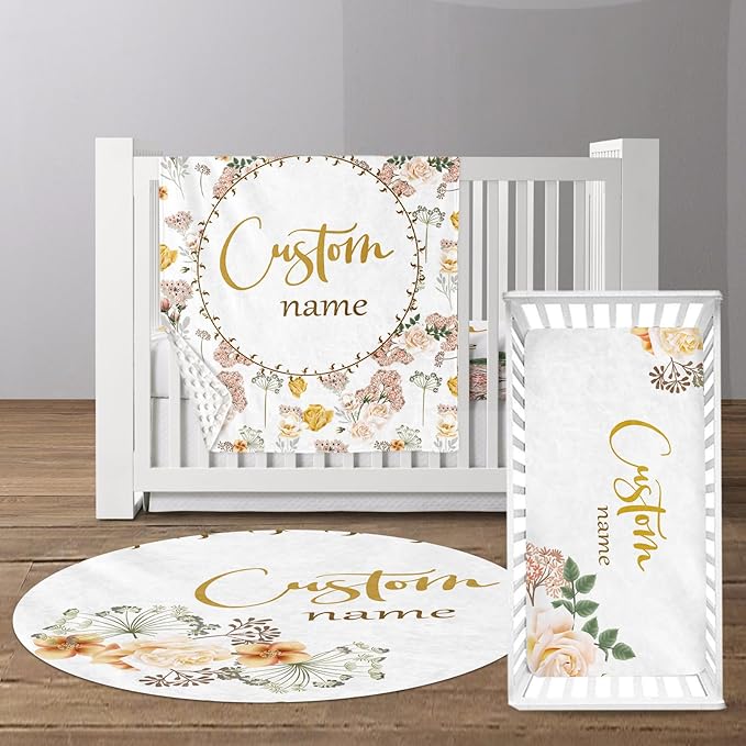 Custom Baby Crib Bedding Set - Pink Flowers Design Personalized Name Baby Nursery Bedding 3 Pcs Set - Chic Soft Blanket, Fitted Sheet, Room Rug for Newborns Boys Girls Gifts