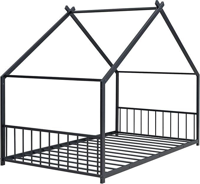 Twin Size House Shaped Montessori Platform Beds, Wood Floor Bed Frame with Roof and Fence Deisgn, Kids Double Toddler Bed for Children Boys Girls, Easy Assemble, No Box Spring Needed, Black