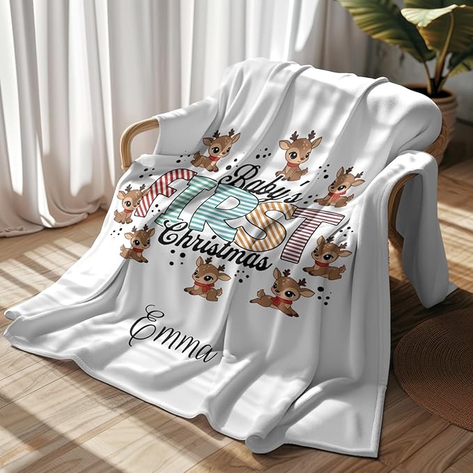 Personalized Baby's First Christmas Blanket, Custom Reindeer Baby Name Christmas Blanket, Soft Fleece Or Sherpa Throw, Baby Shower, Made in USA