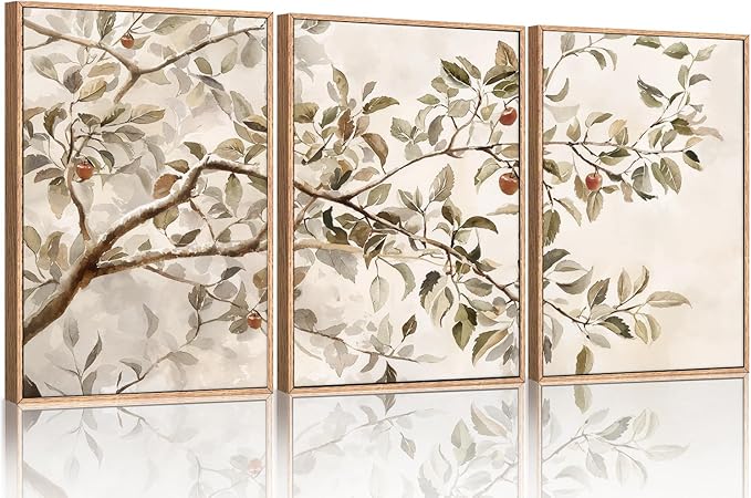HLNIUC Apple Tree Vintage Framed Wall Art Set, Botanical Branch Canvas Wall Decor, Rustic Farmhouse Leaves Wall Painting, Retro Nature Plant Art Print for Living Room, Bedroom, Office - 24"x36"x3