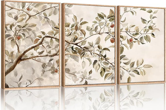 HLNIUC Apple Tree Vintage Framed Wall Art Set, Botanical Branch Canvas Wall Decor, Rustic Farmhouse Leaves Wall Painting, Retro Nature Plant Art Print for Living Room, Bedroom, Office - 24"x36"x3