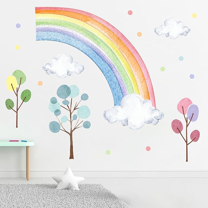Mfault Watercolor Rainbow Wall Decals Stickers, Pastel Cloud Tree Polka Dots Baby Nursery Decor Bedroom Art, Cute Kids Toddler Room Playroom Home Decorations