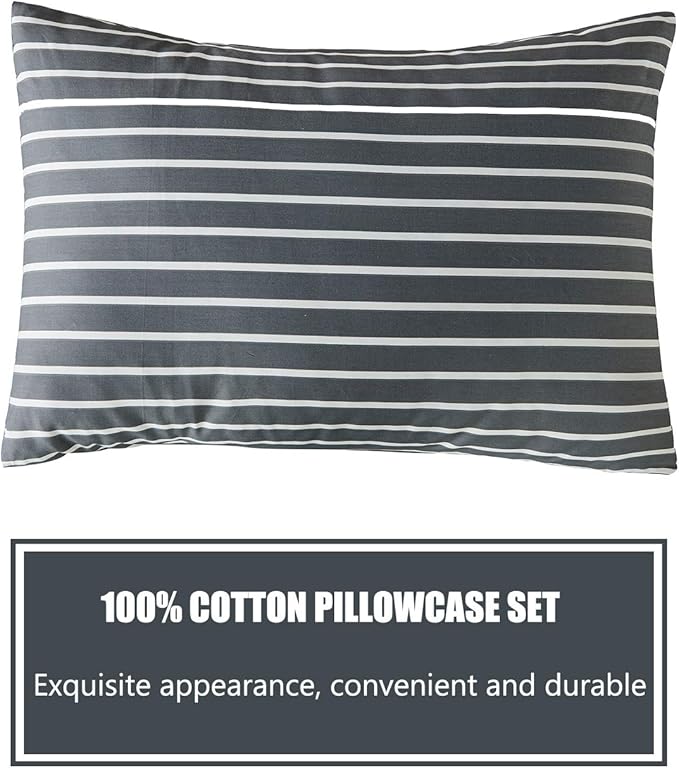 JELLYMONI 100% Natural Cotton 3pcs Striped Duvet Cover Sets, Dark Grey with White Stripes Pattern Printed Comforter Cover, with Zipper Closure & Corner Ties(Queen Size)