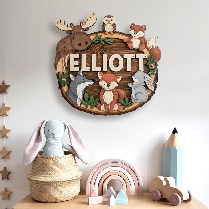 Personalized Baby Name Wooden Sign, Animals, Nursery Decor, Baby Gifts, Custom Name Sign, Wall Art, 8 Inch, Rustic