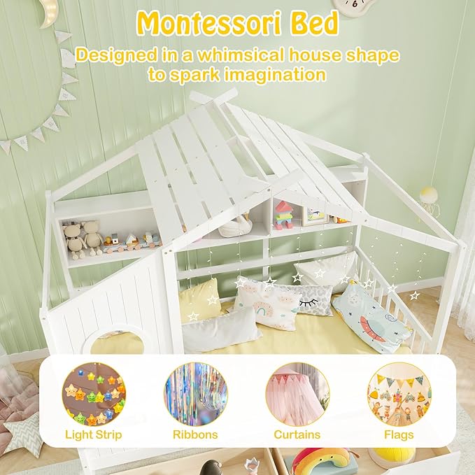KOMFOTT Twin Size Wood House Bed with 2 Drawers, Wooden Bed Frame with Cube Storage & Fence Rails, Wooden Platform Twin Bed Frame with House-Shaped Roof for Bedroom, No Box Spring Needed (White)