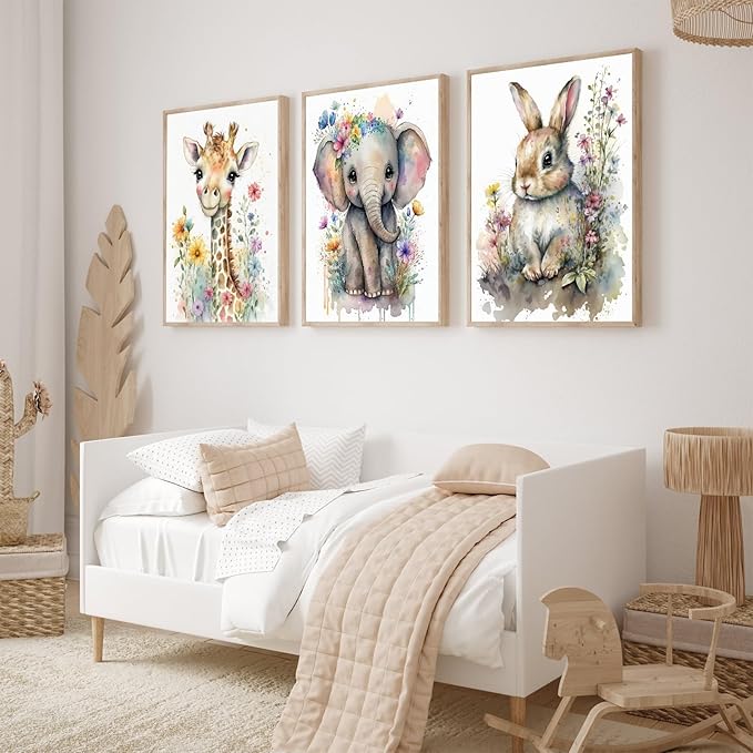 3Pcs Baby Watercolor Safari Animals Nursery Canvas Wall Art Cute Jungle Animals with Wildflower Picture Posters Wall Decor Giraffe Elephant Rabbit Painting Print Artwork for Kids Children Room 16x24in