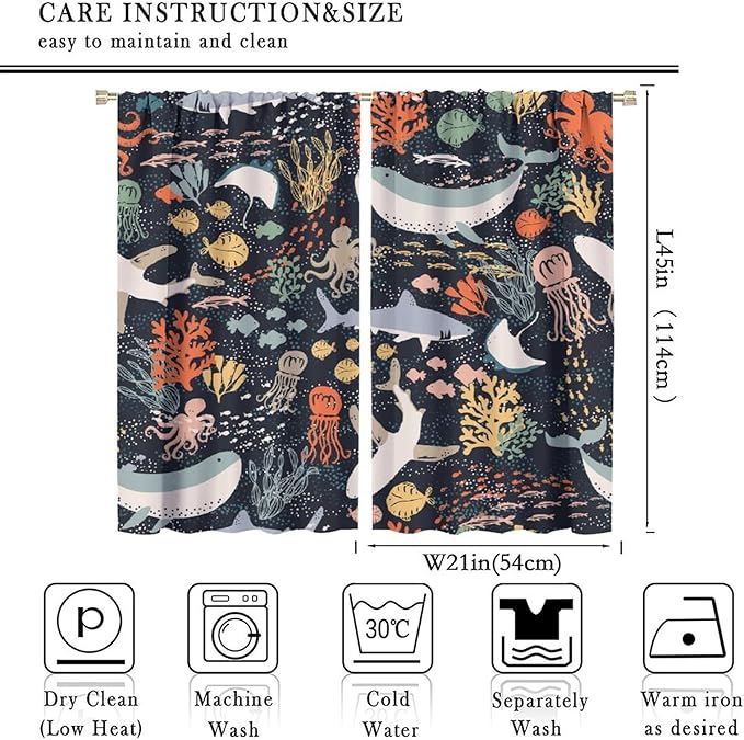 Sea Animals Curtain Cartoon Fish，Undersea Cute Whales Dolphin Underwater Wild Life Blue Ocean Boys Girls Waterproof Polyester Fabric Bedroom Decoration Set 2 Panels,42x45 Inches