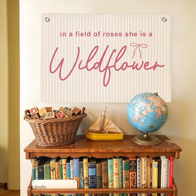 Wildflower Nursery Decor, Girls Room Decor, In a Field Full of Roses She Is a Wildflower Pink Bows Coquette Linen Canvas Banner,for Little Girl 30x20 Inch