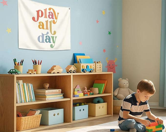 Playroom Boho Rectangular Banner Flag Pennant Wall Art Decor Gift for Baby Boy Girl Kids,Playroom Nursery Bedroom Homeschool Decor-Play All Day-Baby Present Shower,Birthday Christmas Gift