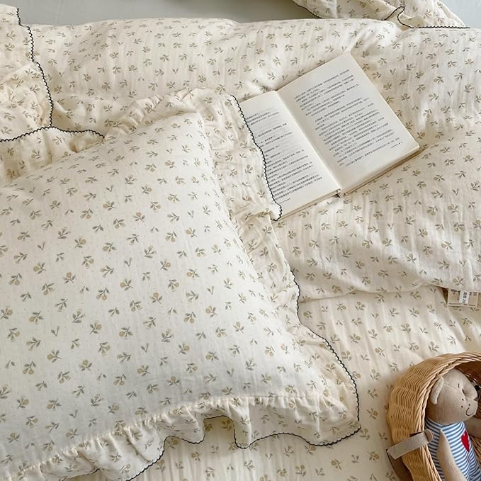 AOJIM Floral Muslin Cotton Duvet Cover for Kids Adults, 1 Piece Super Soft Durable Comforter Cover 79X90'', Aesthetic Print Kids Bedding Duvet Cover with Ruffled Edges for Decor, No Quilt or Pillow