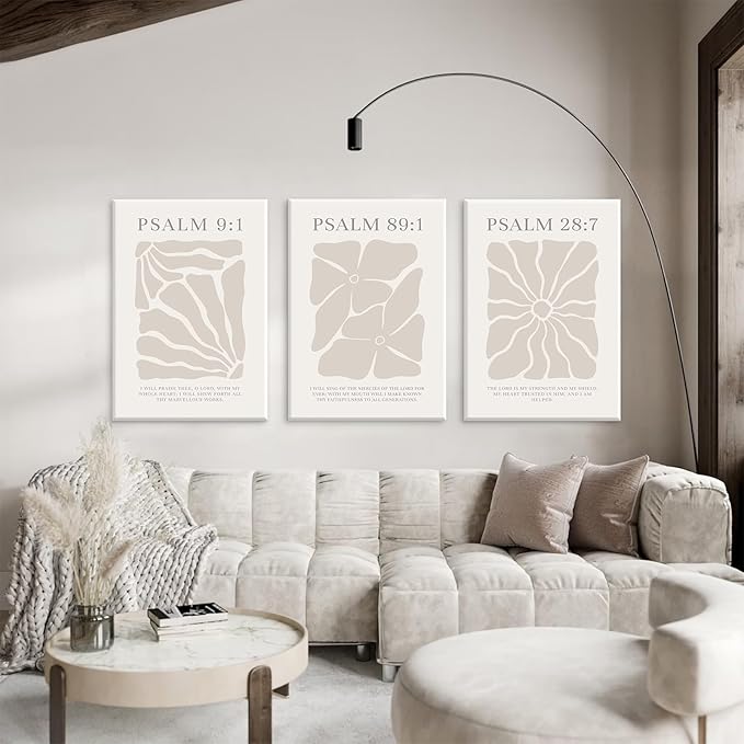 Scripture Christian Wall Art Set of 3 Beige Bible Verses Wall Decor Neutral Psalm Canvas Wall Art Modern Pictures Flower Prints Christian Artwork for Living Room Bedroom 16x24 Inch Ready to Hang