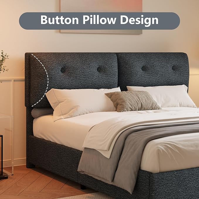 King Bed Frames,Breathable Boucle Fabric Upholstered Bed Frame with Headboard,Removable and Washable,Wood Slat Support,No Box Spring Needed,Easy Assembly, Dark Grey