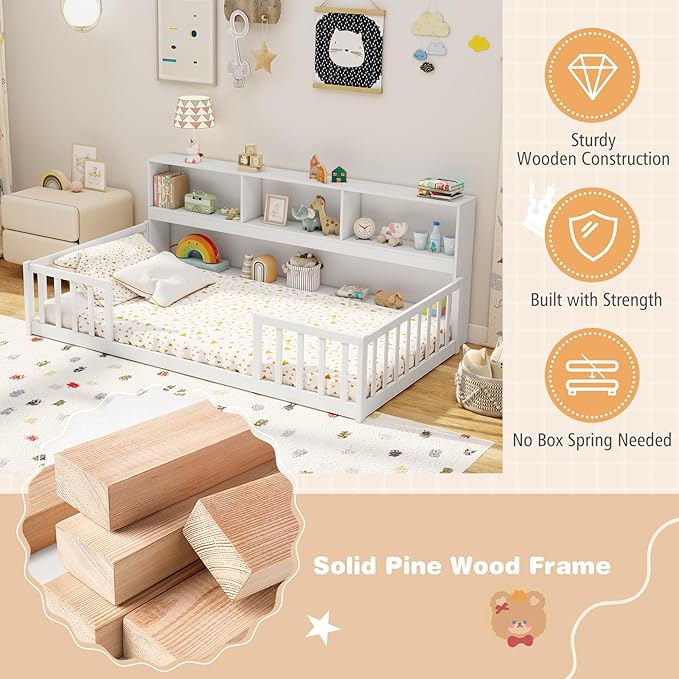 Giantex Twin Floor Bed for Kids, Wooden Montessori Bed Frame with Bookcase, Storage Shelves & Safety Fence Rails, Floor Beds Twin for Girls, Boys, No Box Spring Needed, Without Slats, White