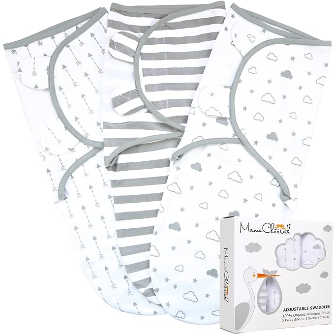 Mama Cheetah Organic Baby Swaddle Blanket, Adjustable Newborn Swaddle Sleep Sacks, Easy Swaddles for Boys and Girls 0-3 Months, Nursery Swaddling Essentials, 3-Pack, Grey