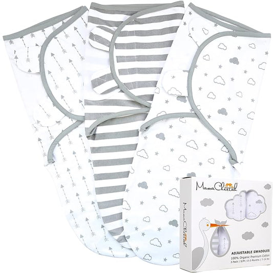 Mama Cheetah Organic Baby Swaddle Blanket, Adjustable Newborn Swaddle Sleep Sacks, Easy Swaddles for Boys and Girls 0-3 Months, Nursery Swaddling Essentials, 3-Pack, Grey