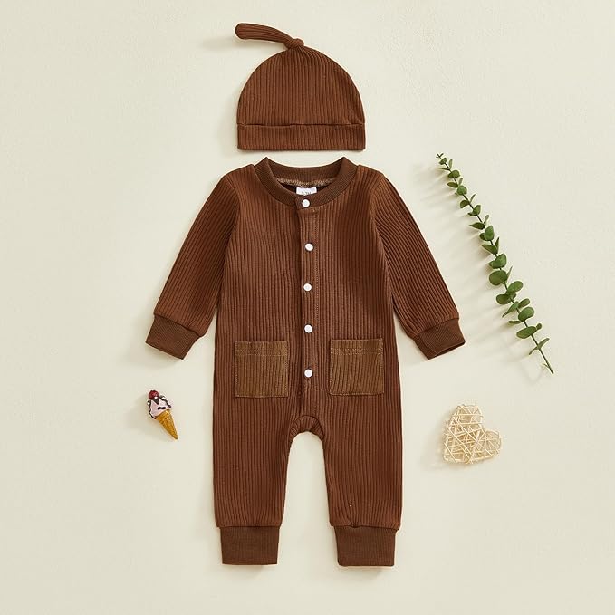 Infant Boys Fall Clothes Newborn Baby Romper Hat Stripe Knit Long Sleeve Bodysuit Jumpsuit Baby Going Home Outfit
