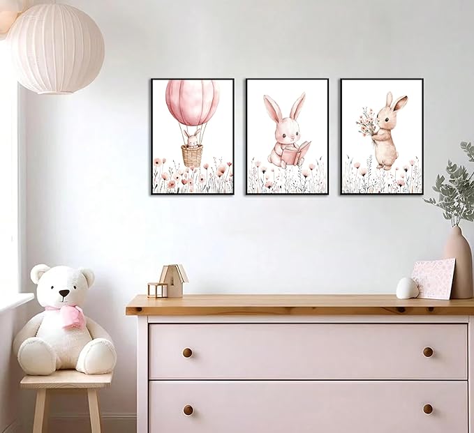 3Pcs Pink Nursery Bunny Wall art Hot Air Balloon Cute Rabbit Wildflowers Painting Pictures Wall Decor Easter Nursery Poster Print Artwork for Girls and Boys Kids Room Baby Room Decor Home Decoration
