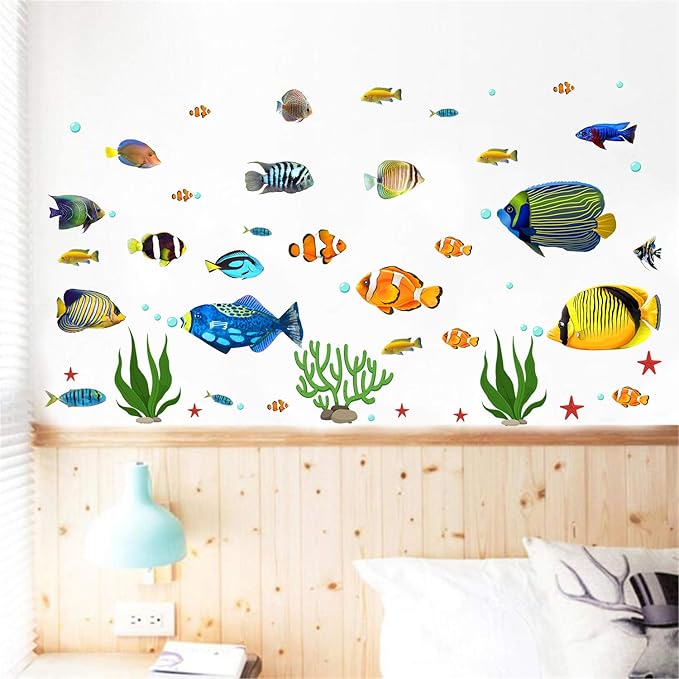 Fish Wall Stickers Under The Sea Decorative Wall Decals Coral Reef Fish Wall Stickers Peel and Stick Starfish Wall Art Sticker Decals for Kids Nursery Bedroom Living Room