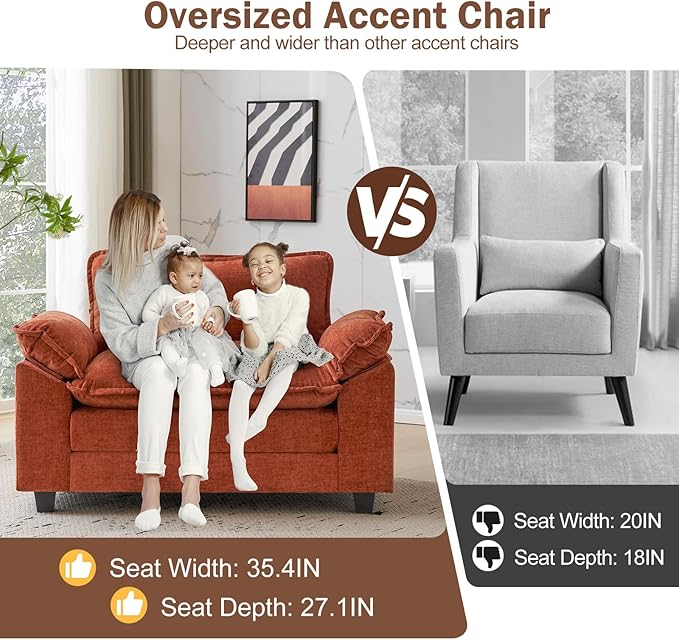 CDCASA Oversized Accent Chair, Chenille Comfy Cloud Sofa Chair with Large Seat and Upholstered Armrests, Modern Extra Wide Armchair Reading Chairs for Bedroom, Living Room,Terracotta Orange