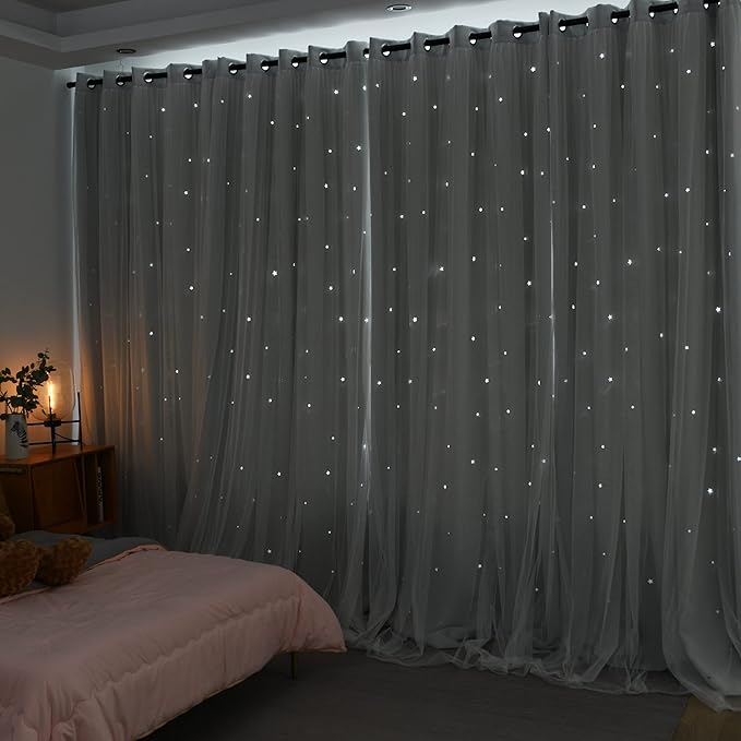 Kinryb Kids Star Cutout Curtains for Bedroom/Living Room/Classroom,2 Free Tiebacks Sheer Overlay 2 Panel Set, Double Layer Curtains for Kids Room(Each Piece W70 x L63 Inches 2 Pcs Greyish White)