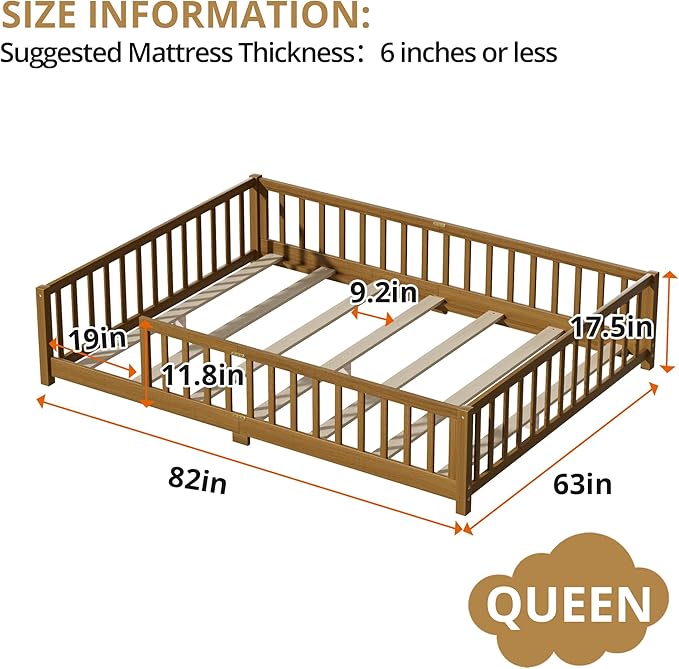 LLS Queen Floor Bed for Kids Toddlers, Solid Wood Multifunctional Montessori Bed Frame with Safety Guardrails, Without Door, Easy Assemble,Light Espresso