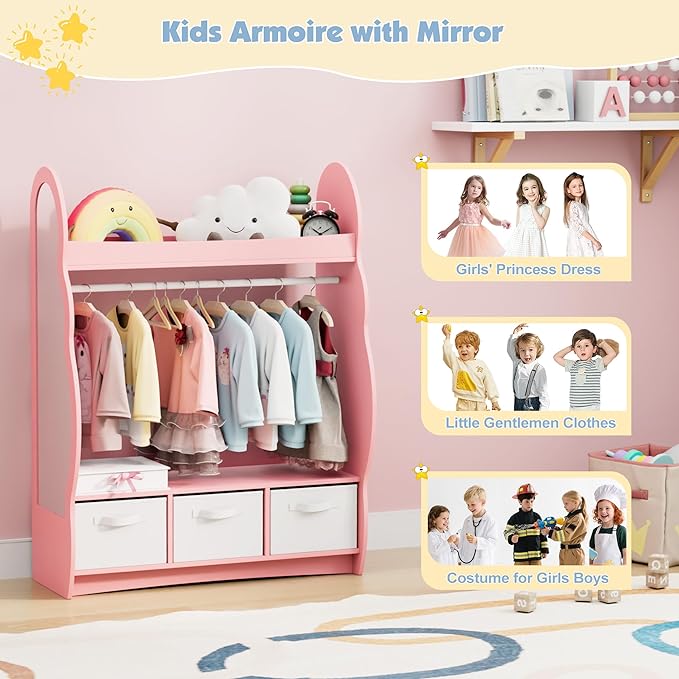Kids Dress Up Storage Rack Mirror Wood Child Wardrobe 2 Hooks 2 Fabric Bins Toddler Closet Girls Boys Open Hanging Armoire Storage Shelf Coat Costume Hat Shoe (Cloud+Pink+Three Drawers)