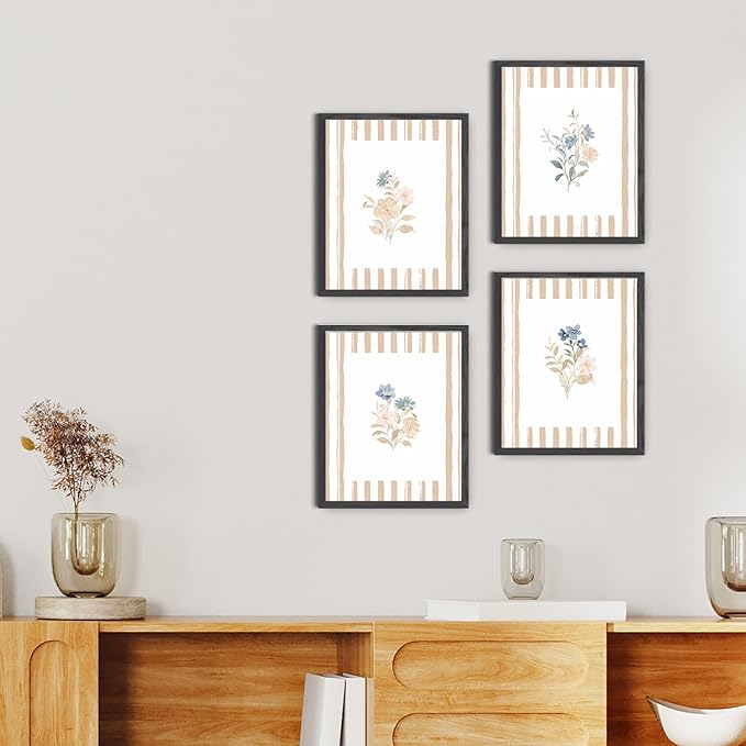 JINYO Neutral Rustic Floral Wall Art Prints Set of 4, Floral Room Decor, Beige and White Striped Cottagecore Flower Posters Pictures Wall Decor for Home Bedroom Living Room, 8x10 Unframed