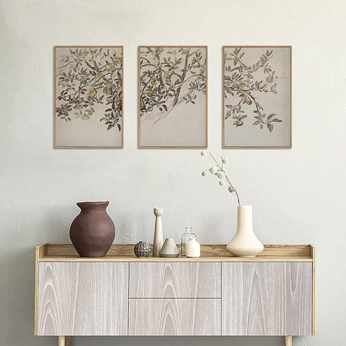 MTFBWY Framed Botanical Apple Tree Wall Art Set of 3, Vintage Nature Branch Canvas Prints, Rustic Farmhouse Plant Wall Art, Neutral Still Life Painting for Living Room Bedroom Office Decor, 24L x 16W