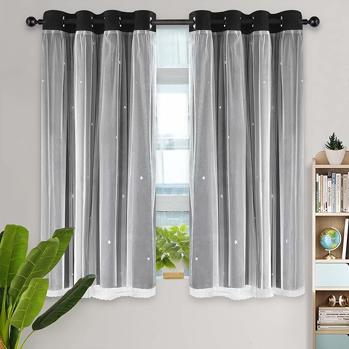 Kinryb Kids Blackout Curtains for Bedroom/Living Room/Classroom, Sheer Overlay Small 2 Panel Set, Double Layer Curtains with Star Cutout for Kids Room(W 52 x L 45 Inches,Black 2 Pcs)