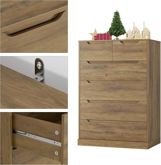 HOSTACK Modern 6 Drawer Dresser for Bedroom, Tall Chest of Drawers with Storage, Large Wood Storage Chest Organizers with Cut-Out Handles, Accent Storage Cabinet for Living Room, Hallway, Rustic Brown