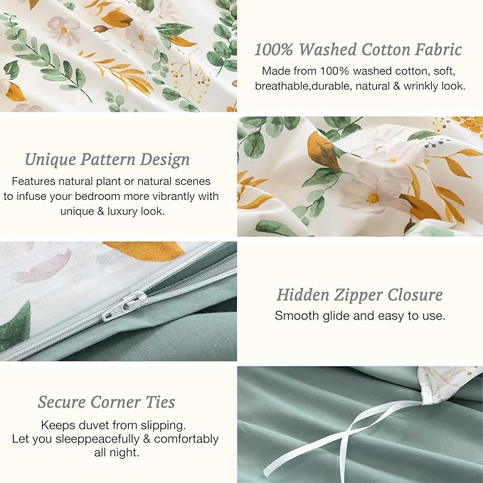 MILDLY Pattern Duvet Cover Set - 100% Washed Cotton Garden Floral Botanical Flower Leaves Bedding Set 3 Pieces Queen Size Linen Feel Breathable Comforter Cover with Zipper Ties