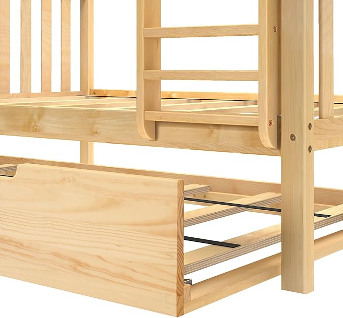 Max & Lily Bunk Bed, Full-Over-Full Wood Bed Frame For Kids With Trundle, Natural