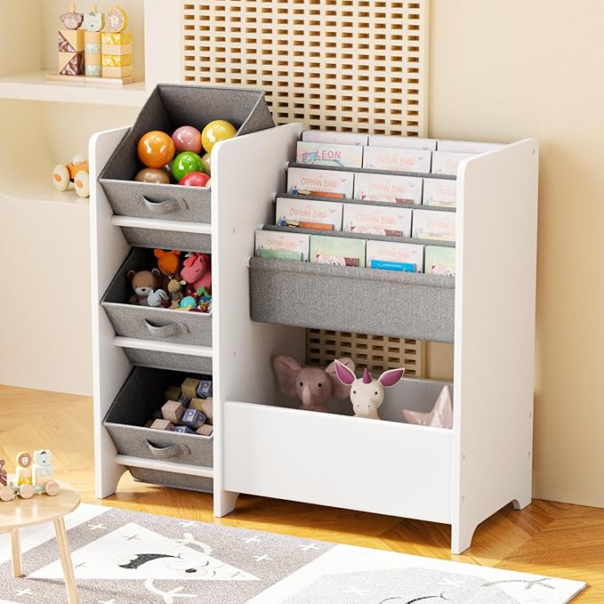 Kids Bookshelf and Toy Storage Organizer, Wooden Montessori Bookcase with Fabric Bins for Toddler, Small Room and Playroom Book Shelf for Reading Nook and Bedroom, White