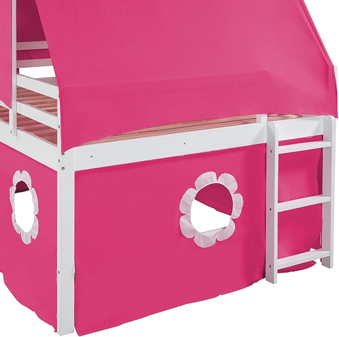 Full Size Low Loft Bed with Slide & Tent and Tower, Playhouse Design Solid Wood Tent Bed Frame for Kids Boys Girls, Versatile Spacious Under Bed Space with Curtains (Pink-FF)