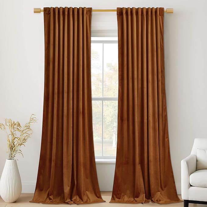 StangH Burnt Orange Velvet Curtains 90 inches - Blackout Energy Efficient Privacy Back Tab Rod Pocket Drape Classic Retro Decor for Dining Room/French Door/Home Theater, W52 x L90, 2 Panels