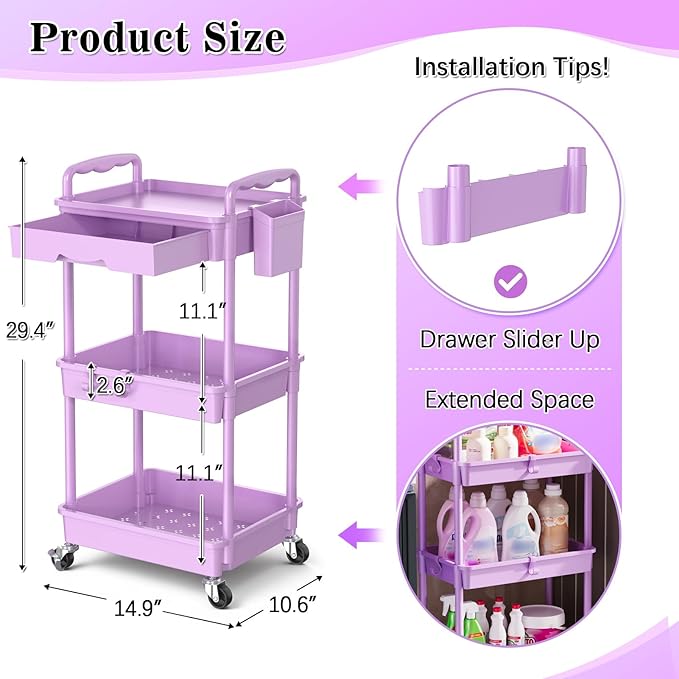3 Tier Rolling Cart Organizer with Drawer, Bathroom Storage Carts with Wheels & Plastic Shelf, Mobile Storage Organizers for Kitchen, Office, Laundry Room, Baby, Snack, Craft, Makeup, Purple