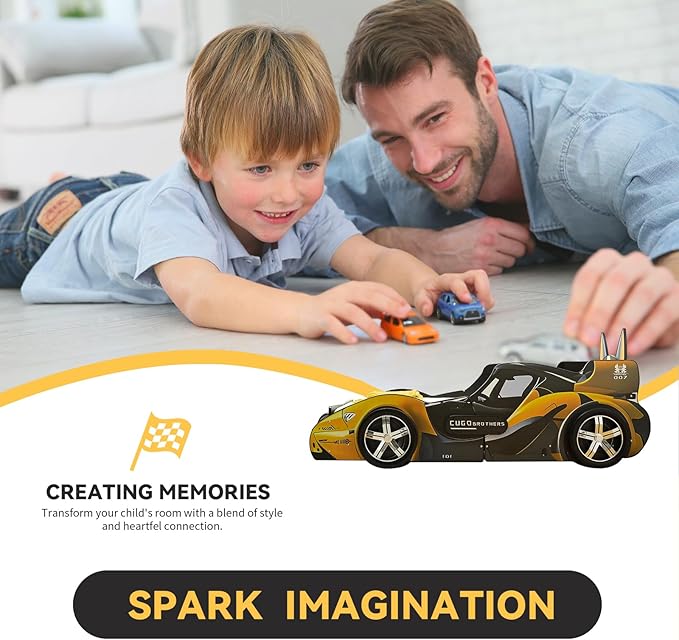 HMFULE Twin Bed Frames for Kids, Wood Cartoon Dog Race Car -Shaped Bed Frame Platform with Wheels LED Lights & Slat Support for Toddler, Teens, Boys or Girls, No Box Spring Needed (Black Yellow)