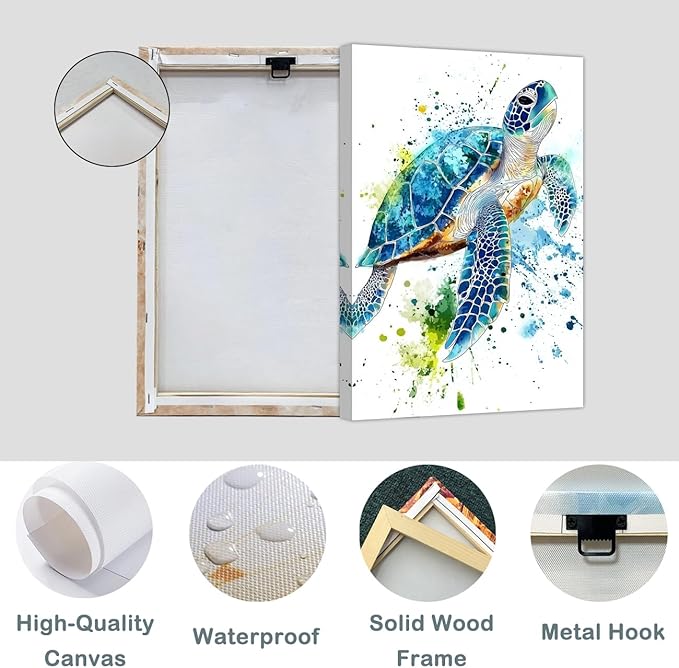 AWPANERAR Sea Turtle Wall Art Bathroom Pictures Watercolor Sea Life Canvas Prints Ocean Animal Poster Nautical Theme Artwork for Kids Room Nursery Decor Framed (White, (30L x 20W))
