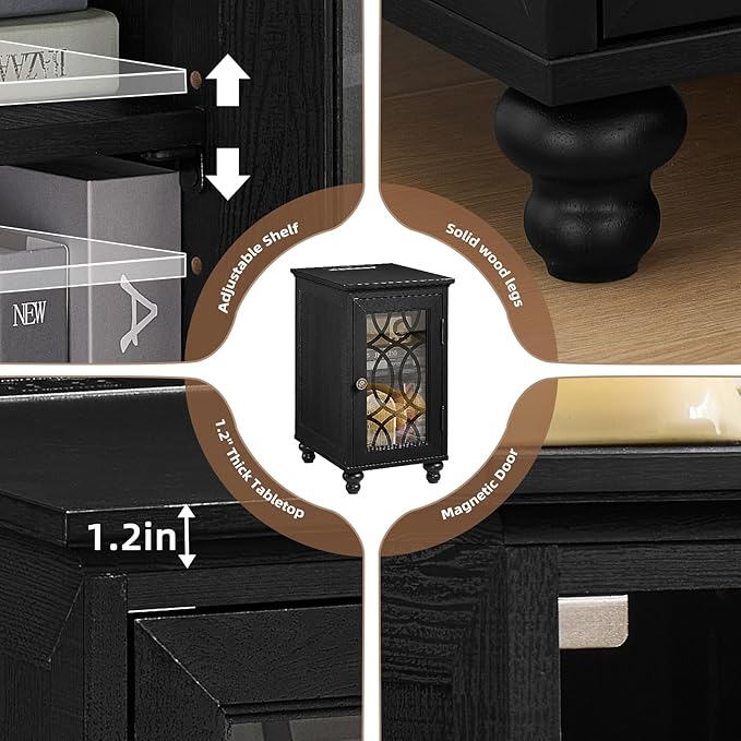 Narrow Side Table with Charging Station, Night Stand with Glass Door, Bedside End Tables with Adjustable Shelf Storage Cabinet,Wood Nightstand for Small Spaces Living Room Bedroom