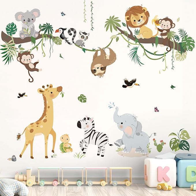 decalmile Jungle Animals Tree Branch Wall Decals Safari Monkey Giraffe Lion Wall Stickers Baby Nursery Kids Room Daycare Wall Decor