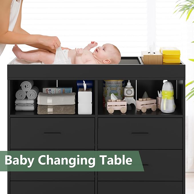 Dresser for Bedroom with LED Lights and Power Outlet, Baby Changing Table Dresser with 6 Drawers, 2 Open Storage Shelves, Baby Diaper Station with Changing Table Top (Black)