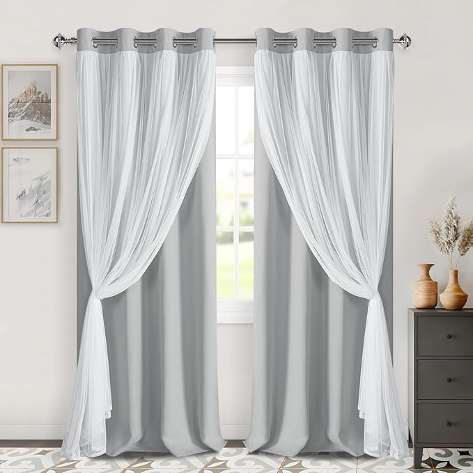DWCN Layered Curtains for Living Room Blackout and Sheer Curtains Grommet Top Window Treatments with Sheer Overlay for Bedroom, 52 W by 96 L, Cloud Grey, 2 Pieces
