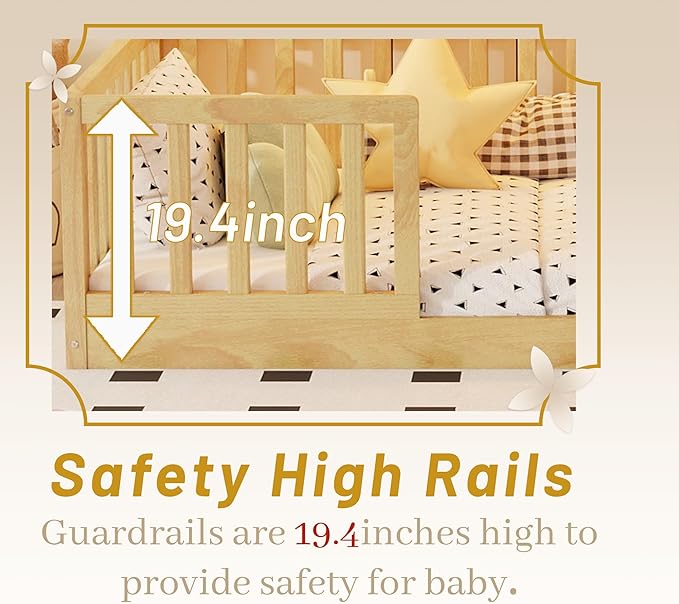 Full Size House Bed for Kids, Low Profile Full Montessori Bed with High Railings, Wood House Shape Montessori Beds with Light & Roof for Kids, Natural