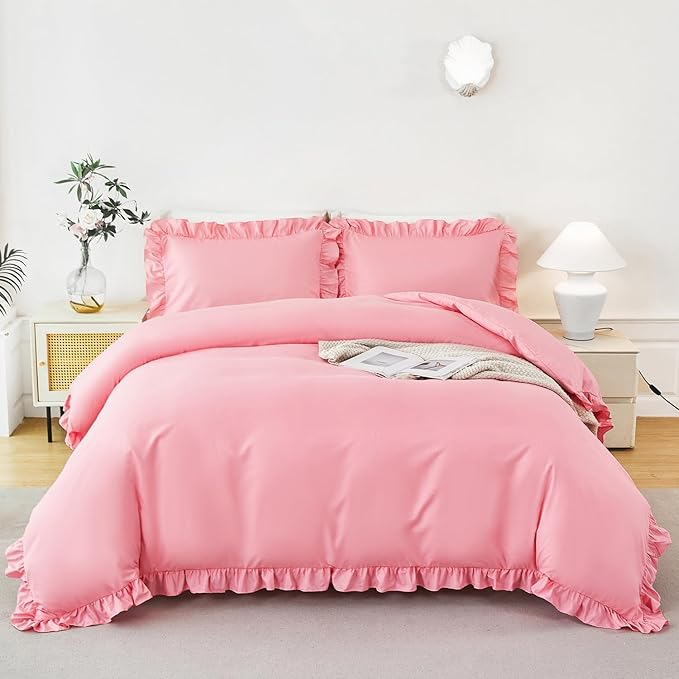 Queen Size Kids Duvet Cover Sets 3 Pieces Ruffle Bedding Cover Set Cute Pink Comforter Covers for Girls Soft Lightweight Ruffled Bed Cover for Bedroom Decor(Pink, Queen)