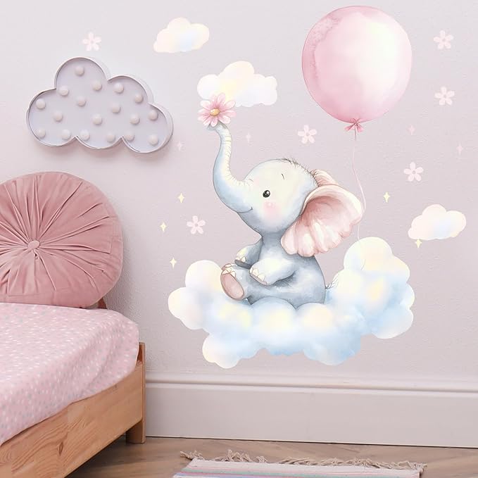 Baby Elephant Cloud Wall Decals Removable Cartoon African Animal Vinyl Stickers for Nursery Kids Bedroom and Playroom Decor Peel and Stick Watercolor Wall Art