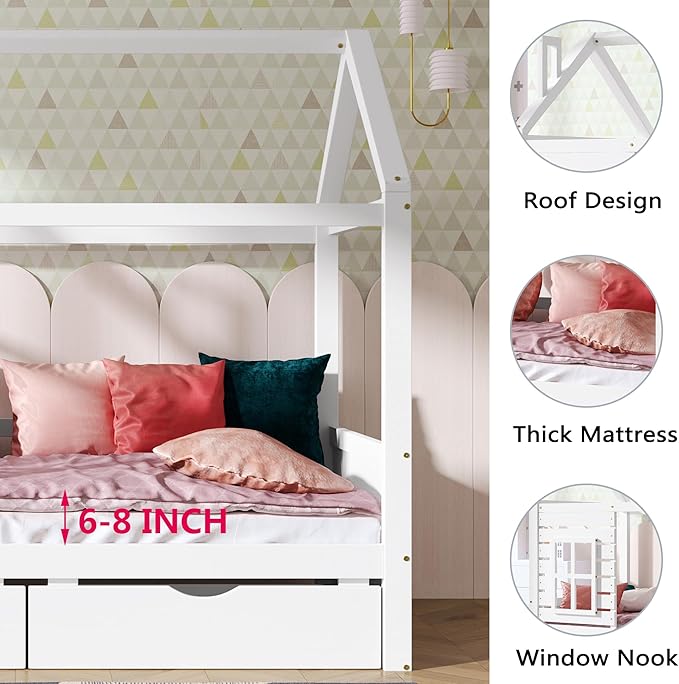 Aoowow Twin Size Kids House Bed with 2 Drawers, Wooden Twin Bed Frame with Window and Roof for Bedroom, Modern Twin Size Kid Playhouse Bed with Slats for Boys Girls, Can be Decorated, White