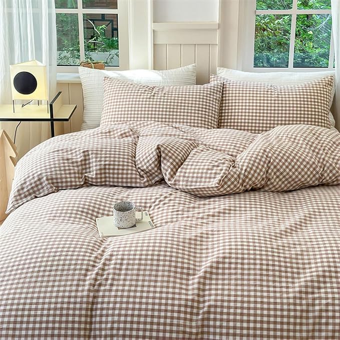 Nayoroom Brown Gingham Comforter Set Full Size Tan Plaid Checkered Comforter 3 Pieces Soft Lightweight Grid Farmhouse Dorm Bedding Set for All Seasons